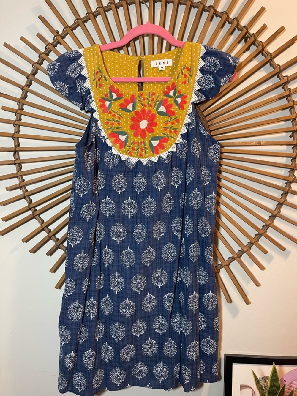 THML Anthro  Block Print Sundress w/ Embroidered Yoke Garden Girl Boho Print Mix